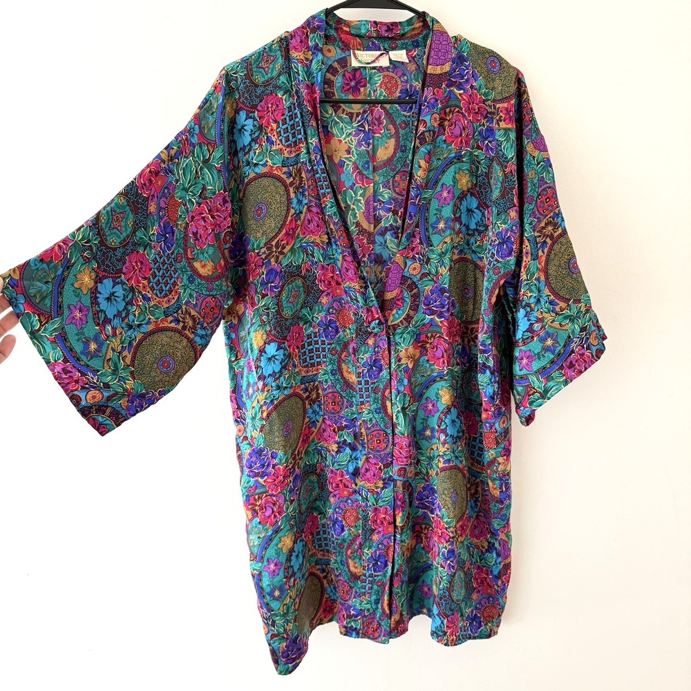 Vintage Victorias Secret Silk Floral‎ Kimono Sleeve Button Shirt Dress Robe O/S